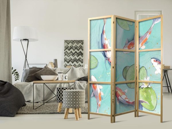 Paravent japonais - Spectacular Fish - White-Orange Koi Fish Swimming in Crystal Clear Water with Water Lilies