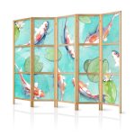 Paravent japonais - Spectacular Fish - White-Orange Koi Fish Swimming in Crystal Clear Water with Water Lilies