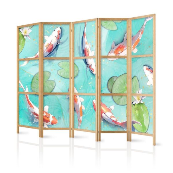 Paravent japonais - Spectacular Fish - White-Orange Koi Fish Swimming in Crystal Clear Water with Water Lilies Paravent japonais - Spectacular Fish - White-Orange Koi Fish Swimming in Crystal Clear Water with Water Lilies