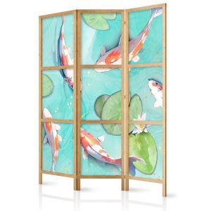 Paravent japonais - Spectacular Fish - White-Orange Koi Fish Swimming in Crystal Clear Water with Water Lilies