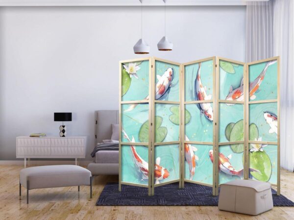 Paravent japonais - Spectacular Fish - White-Orange Koi Fish Swimming in Crystal Clear Water with Water Lilies
