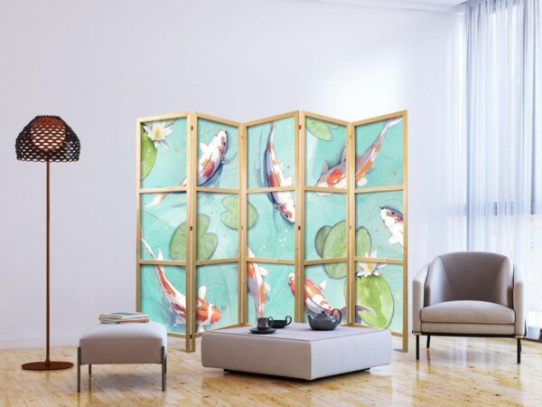 Paravent japonais - Spectacular Fish - White-Orange Koi Fish Swimming in Crystal Clear Water with Water Lilies