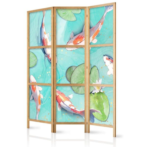 Paravent japonais - Spectacular Fish - White-Orange Koi Fish Swimming in Crystal Clear Water with Water Lilies Paravent japonais - Spectacular Fish - White-Orange Koi Fish Swimming in Crystal Clear Water with Water Lilies