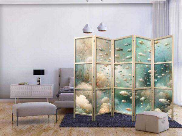 Paravent japonais - Spectacular Underwater Landscape - Fish in the Underwater World in Colors of Turquoise Blue Beige and Delicate Orange