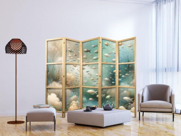Paravent japonais - Spectacular Underwater Landscape - Fish in the Underwater World in Colors of Turquoise Blue Beige and Delicate Orange