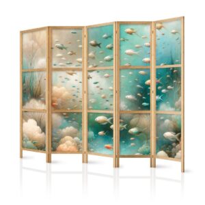 Paravent japonais - Spectacular Underwater Landscape - Fish in the Underwater World in Colors of Turquoise Blue Beige and Delicate Orange