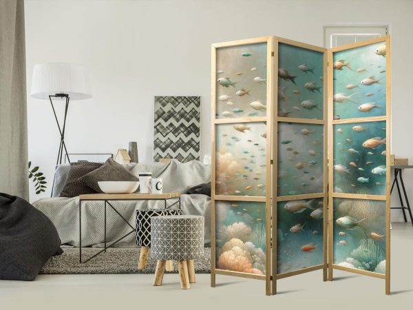 Paravent japonais - Spectacular Underwater Landscape - Fish in the Underwater World in Colors of Turquoise Blue Beige and Delicate Orange