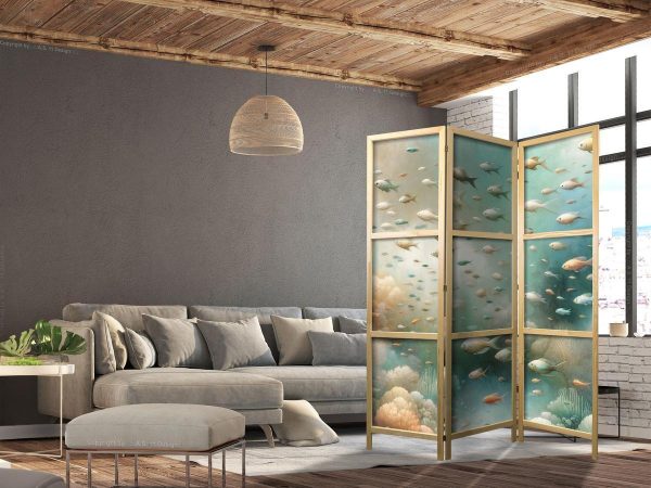 Paravent japonais - Spectacular Underwater Landscape - Fish in the Underwater World in Colors of Turquoise Blue Beige and Delicate Orange