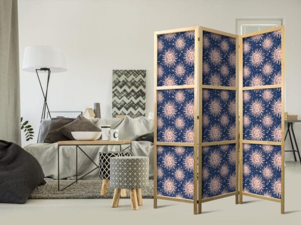 Paravent japonais - Sunny Patterns - Repeating Sun Motif on a Navy Background