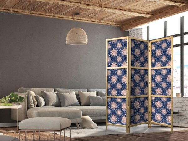 Paravent japonais - Sunny Patterns - Repeating Sun Motif on a Navy Background
