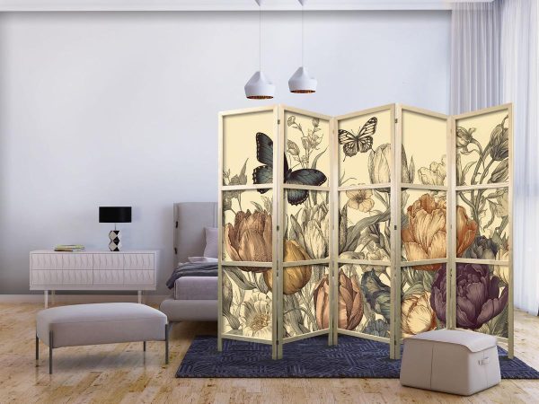 Paravent japonais - Tulips in Cream - Illustration of Flowers and Butterflies on a Light Background