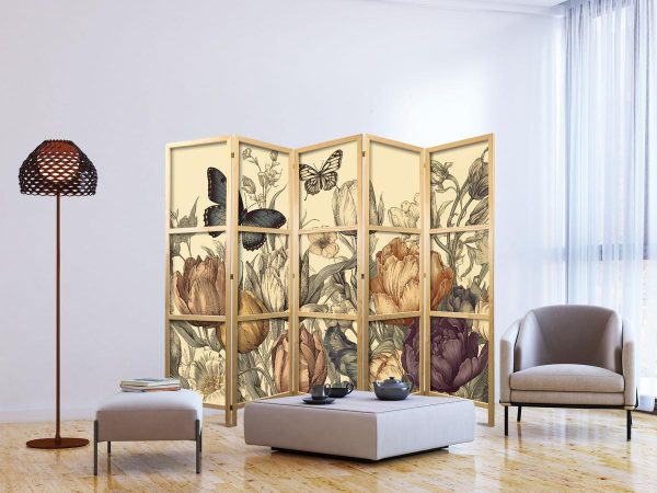 Paravent japonais - Tulips in Cream - Illustration of Flowers and Butterflies on a Light Background