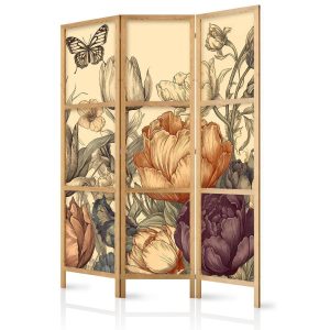 Paravent japonais - Tulips in Cream - Illustration of Flowers and Butterflies on a Light Background