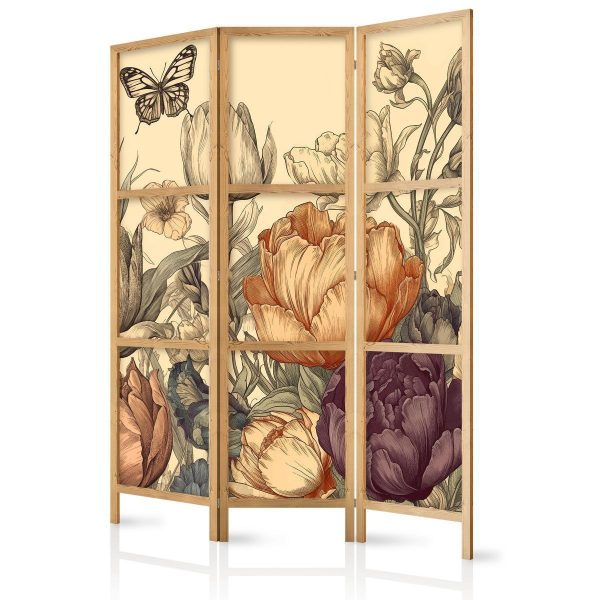 Paravent japonais - Tulips in Cream - Illustration of Flowers and Butterflies on a Light Background Paravent japonais - Tulips in Cream - Illustration of Flowers and Butterflies on a Light Background