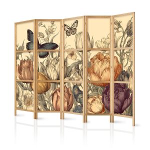 Paravent japonais - Tulips in Cream - Illustration of Flowers and Butterflies on a Light Background