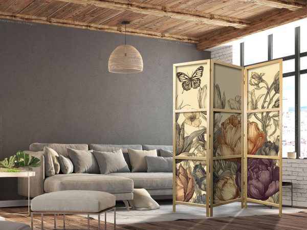 Paravent japonais - Tulips in Cream - Illustration of Flowers and Butterflies on a Light Background