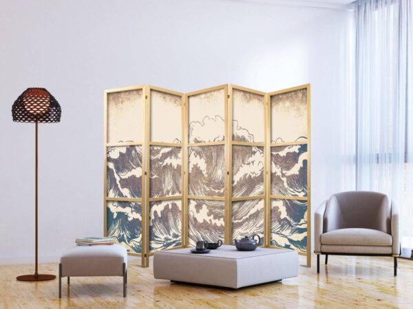 Paravent japonais - Turbulent Ocean - High Waves in Brown And Navy Colors on a Beige Background in Vintage Style