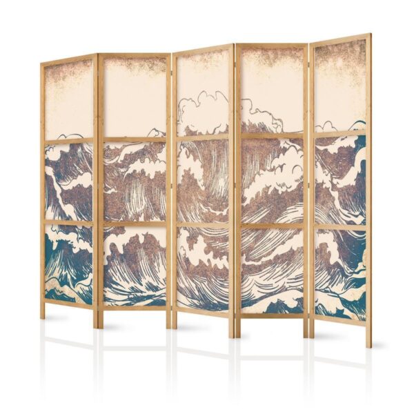 Paravent japonais - Turbulent Ocean - High Waves in Brown And Navy Colors on a Beige Background in Vintage Style Paravent japonais - Turbulent Ocean - High Waves in Brown And Navy Colors on a Beige Background in Vintage Style