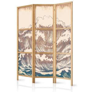 Paravent japonais - Turbulent Ocean - High Waves in Brown and Navy on a Beige Background in Vintage Style