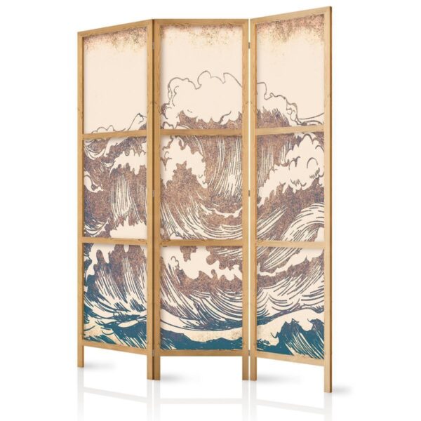 Paravent japonais - Turbulent Ocean - High Waves in Brown and Navy on a Beige Background in Vintage Style Paravent japonais - Turbulent Ocean - High Waves in Brown and Navy on a Beige Background in Vintage Style