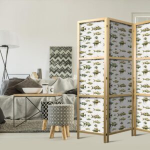 Paravent japonais - Unusual Species of Fish - Cluster of Fish in Muted Retro Style on a Background of Beige Lines