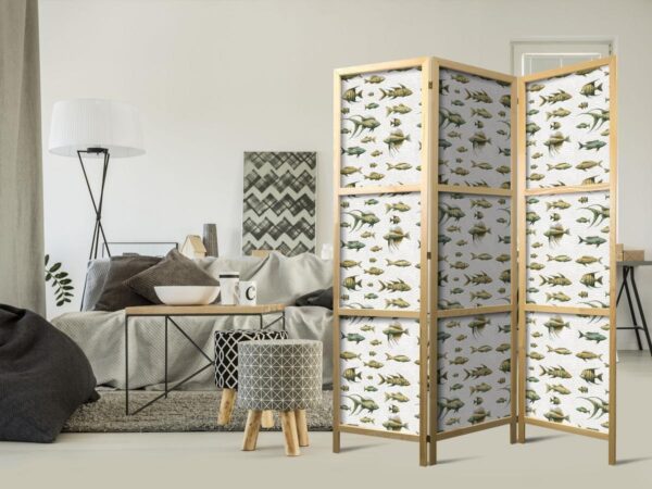 Paravent japonais - Unusual Species of Fish - Cluster of Fish in Muted Retro Style on a Background of Beige Lines