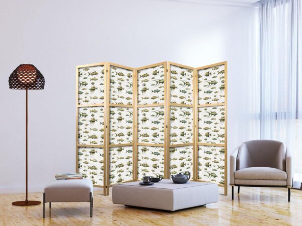 Paravent japonais - Unusual Species of Fish - a Cluster of Fish in Muted Colors in Retro Style Against a Background of Beige Streaks
