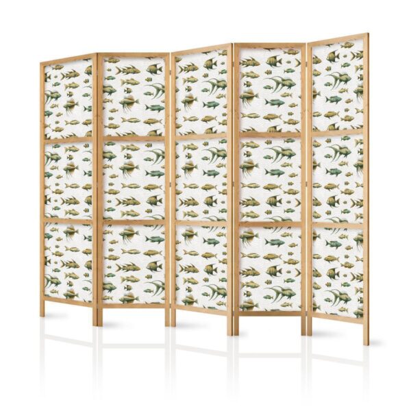 Paravent japonais - Unusual Species of Fish - a Cluster of Fish in Muted Colors in Retro Style Against a Background of Beige Streaks Paravent japonais - Unusual Species of Fish - a Cluster of Fish in Muted Colors in Retro Style Against a Background of Beige Streaks