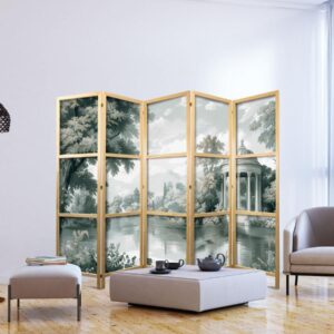 Paravent japonais - View of the Park and Lake - Retro Vintage Landscape in Greens