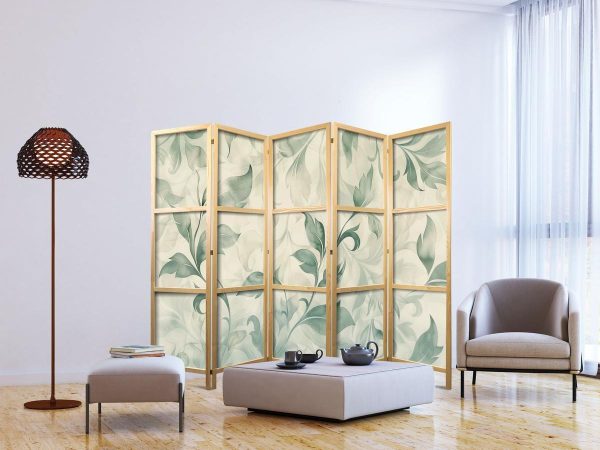Paravent japonais - Watercolor Botanical Motif - Delicate Green-Beige Leaves