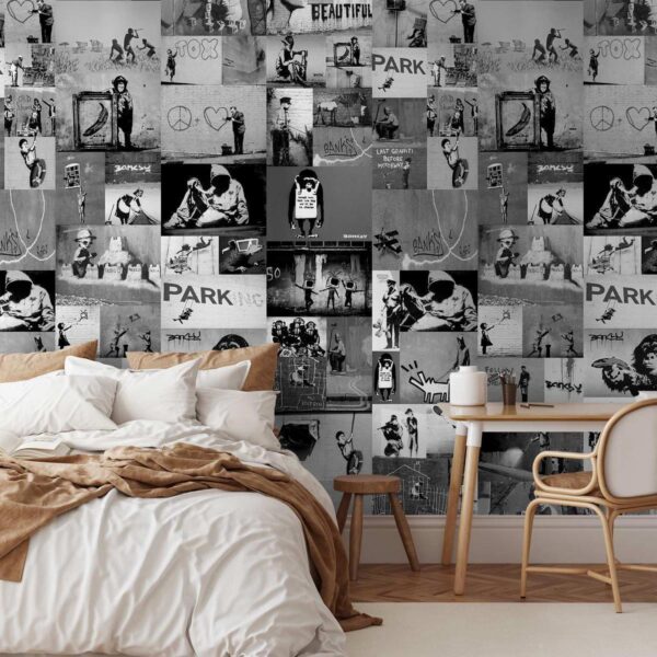 Tapisserie murale - Banksy - grey collage Tapisserie murale - Banksy - grey collage