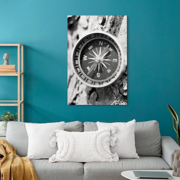 Tableau - Direction of the Road (1-part) - Black and White Compass on Tree Background