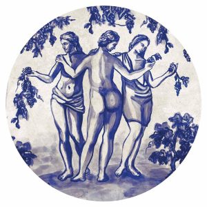 Papier Peint rond - Ancient vineyard - three women in a portal painted with blue ink