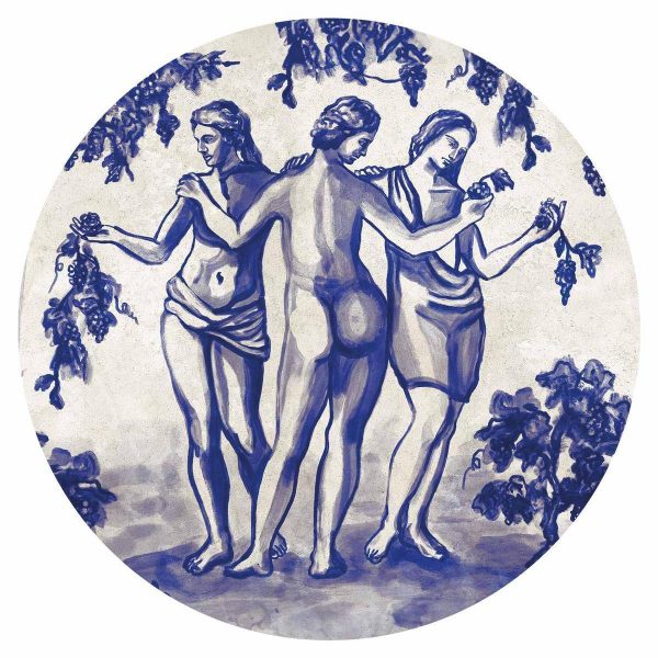 Papier Peint rond - Ancient vineyard - three women in a portal painted with blue ink
