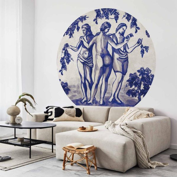 Papier Peint rond - Ancient vineyard - three women in a portal painted with blue ink Papier Peint rond - Ancient vineyard - three women in a portal painted with blue ink