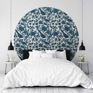 Papier Peint rond - Birds and roses - monochrome blue pattern with botanical motif