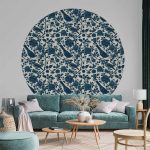 Papier Peint rond - Birds and roses - monochrome blue pattern with botanical motif