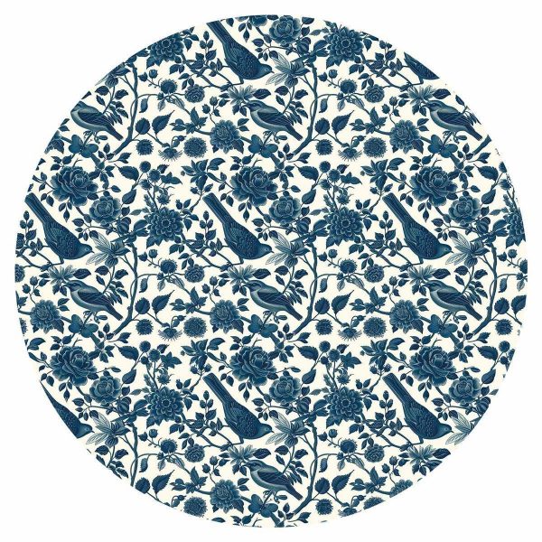 Papier Peint rond - Birds and roses - monochrome blue pattern with botanical motif