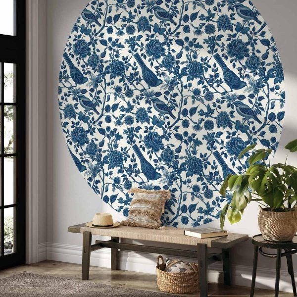 Papier Peint rond - Birds and roses - monochrome blue pattern with botanical motif