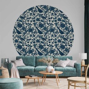 Papier Peint rond - Birds and roses - monochrome blue pattern with botanical motif