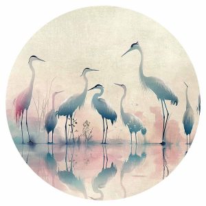 Papier Peint rond - Birds by the lake - herons painted in watercolours in delicate grey and pink colours