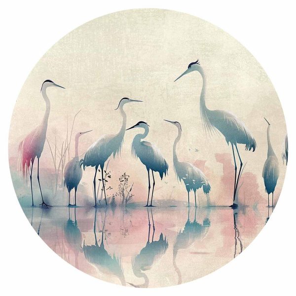 Papier Peint rond - Birds by the lake - herons painted in watercolours in delicate grey and pink colours