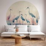 Papier Peint rond - Birds by the lake - herons painted in watercolours in delicate grey and pink colours