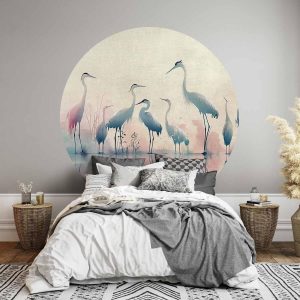 Papier Peint rond - Birds by the lake - herons painted in watercolours in delicate grey and pink colours