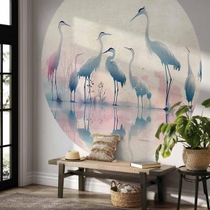 Papier Peint rond - Birds by the lake - herons painted in watercolours in delicate grey and pink colours