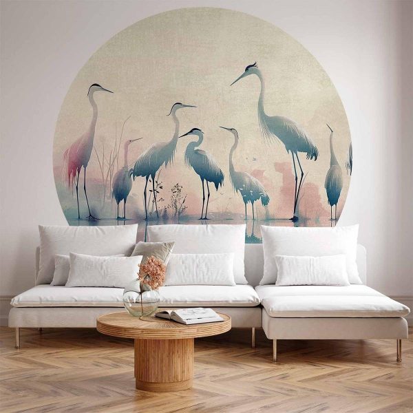 Papier Peint rond - Birds by the lake - herons painted in watercolours in delicate grey and pink colours