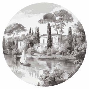 Papier Peint rond - Black and white vintage landscape with a pond