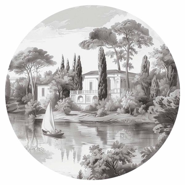 Papier Peint rond - Black and white vintage landscape with a pond