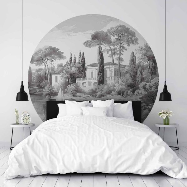 Papier Peint rond - Black and white vintage landscape with a pond