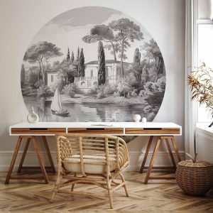 Papier Peint rond - Black and white vintage landscape with a pond